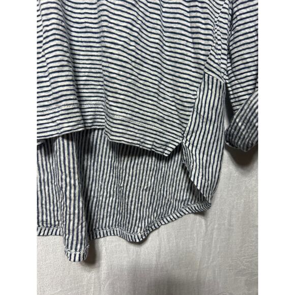 C&C California 100% Linen Shirt XL Blue White Striped Hooded Roll Tab Sleeves - Picture 3 of 10